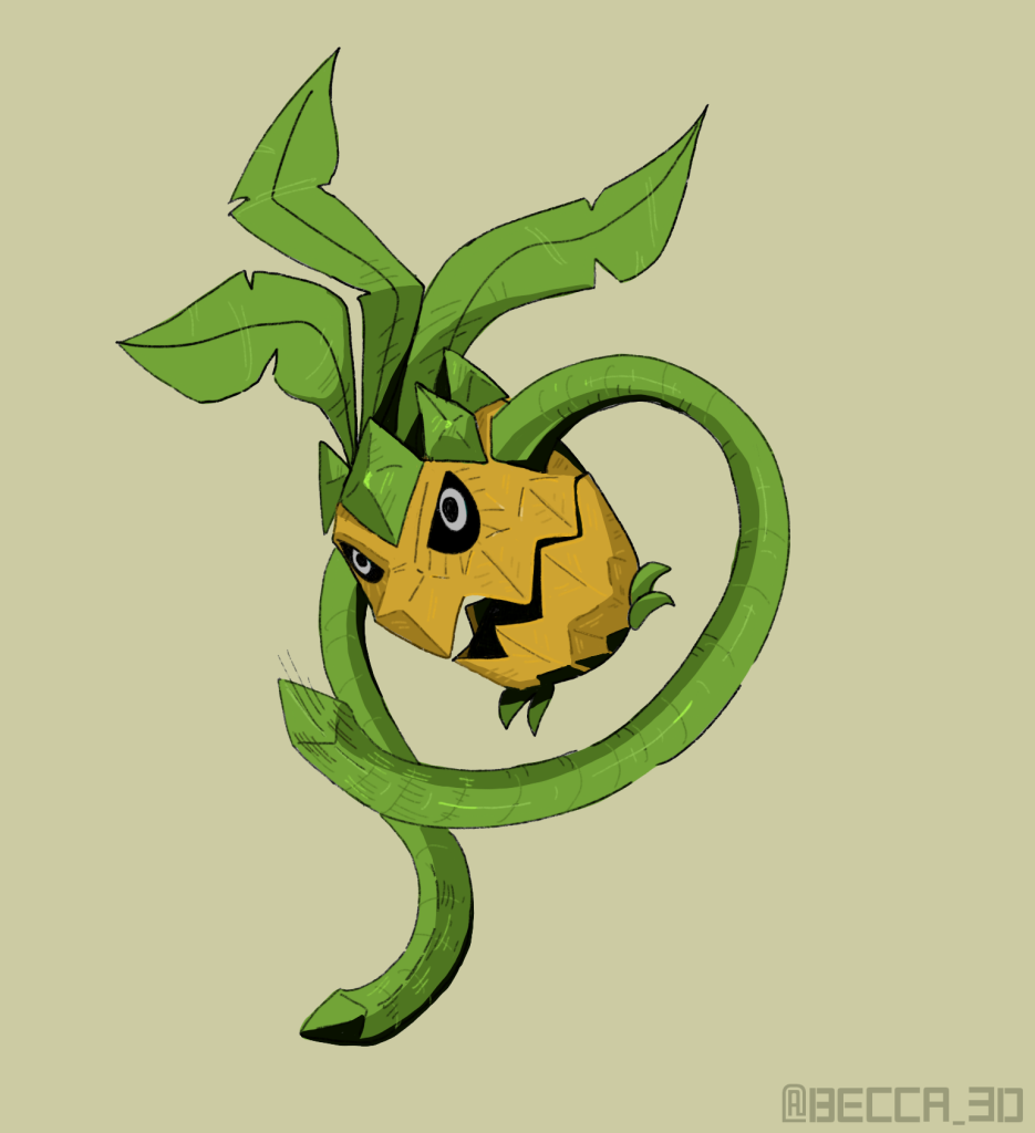 a picture of a 'mon which looks like an angry pineapple with two vines acting as limbs